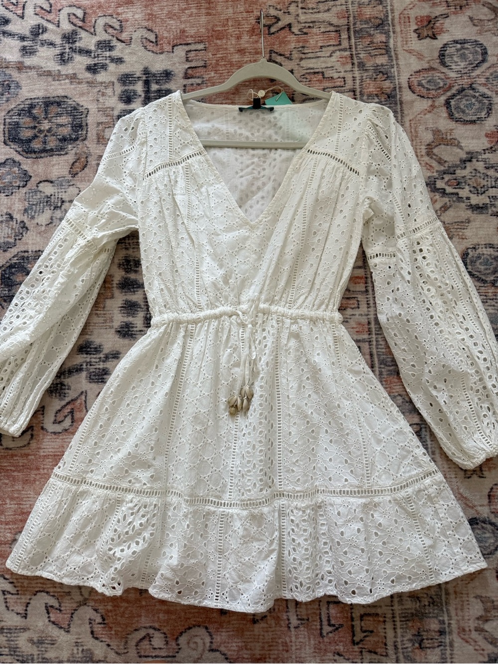 Shore White Eyelet V-Neck Mini Dress with Drawstring Waist